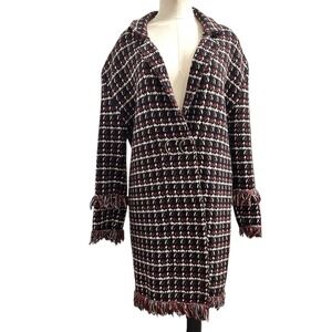 Simply Couture Plaid Tweed Coat Women‎ XL Black Red Fringe Longline Cardigan